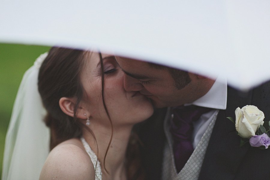 Bride and groom kissing under wedding veil