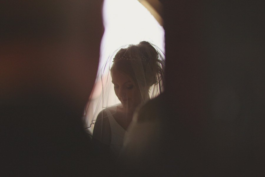 Bride in veil softly lit by window