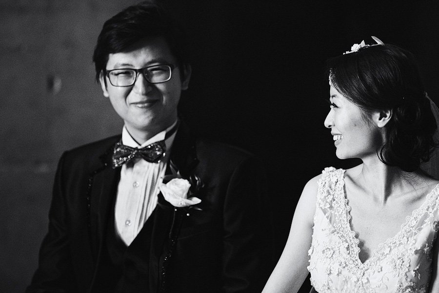 Black and white wedding portrait of bride and groom