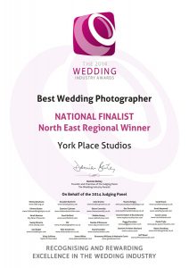 2014 Wedding Industry Awards certificate for York Place Studios