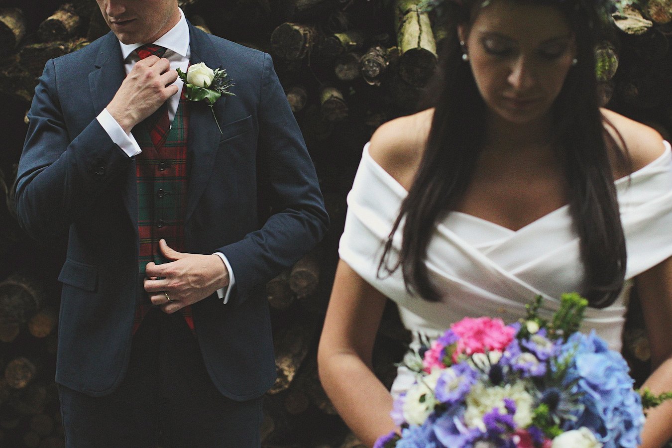 Bride and groom in rustic outdoor wedding setting