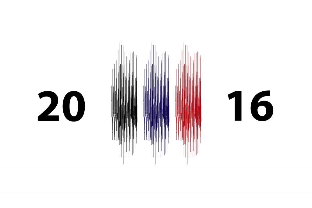 Black, blue and red soundwave between 20 and 16