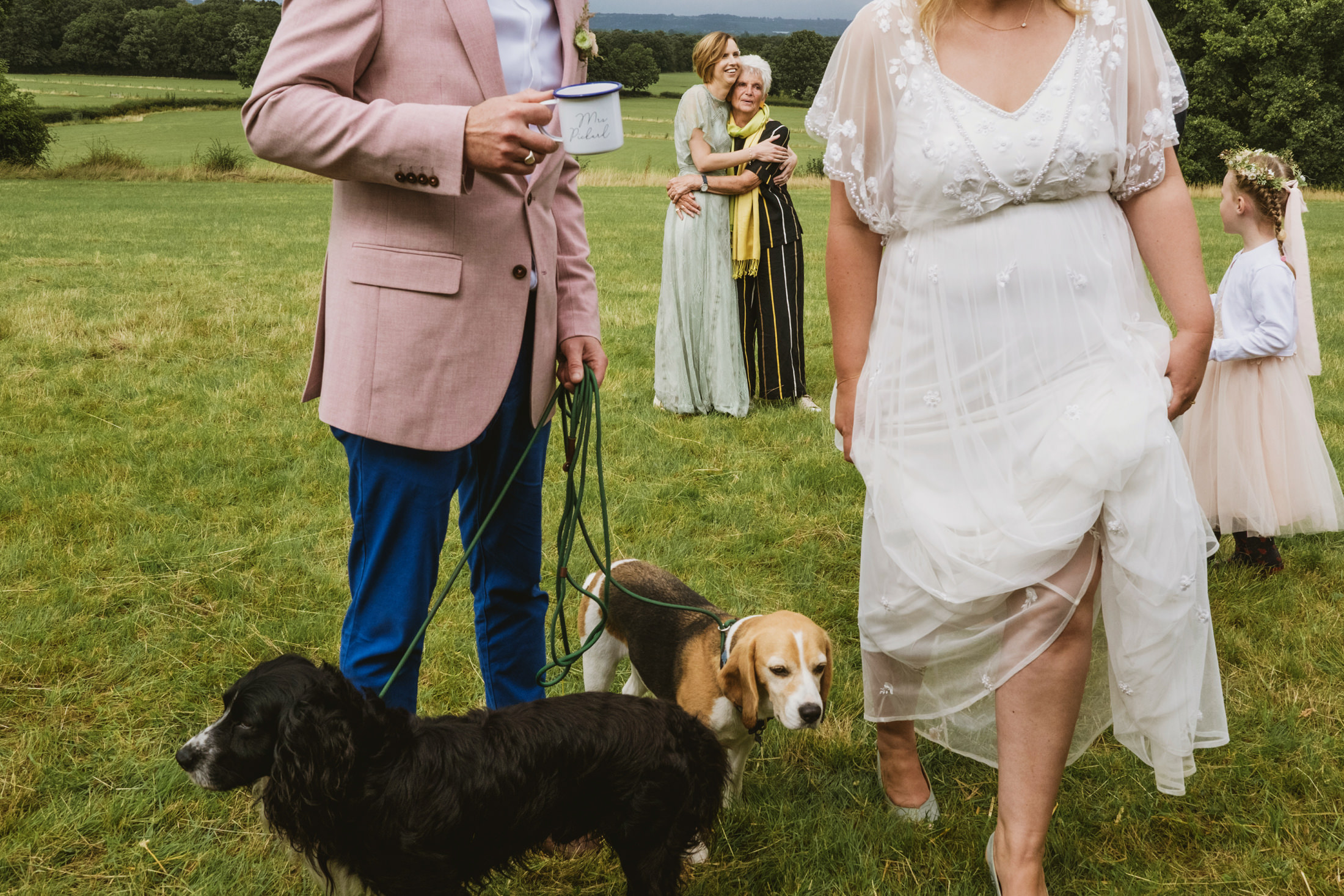 Wedding guests with dogs on a grassy field.