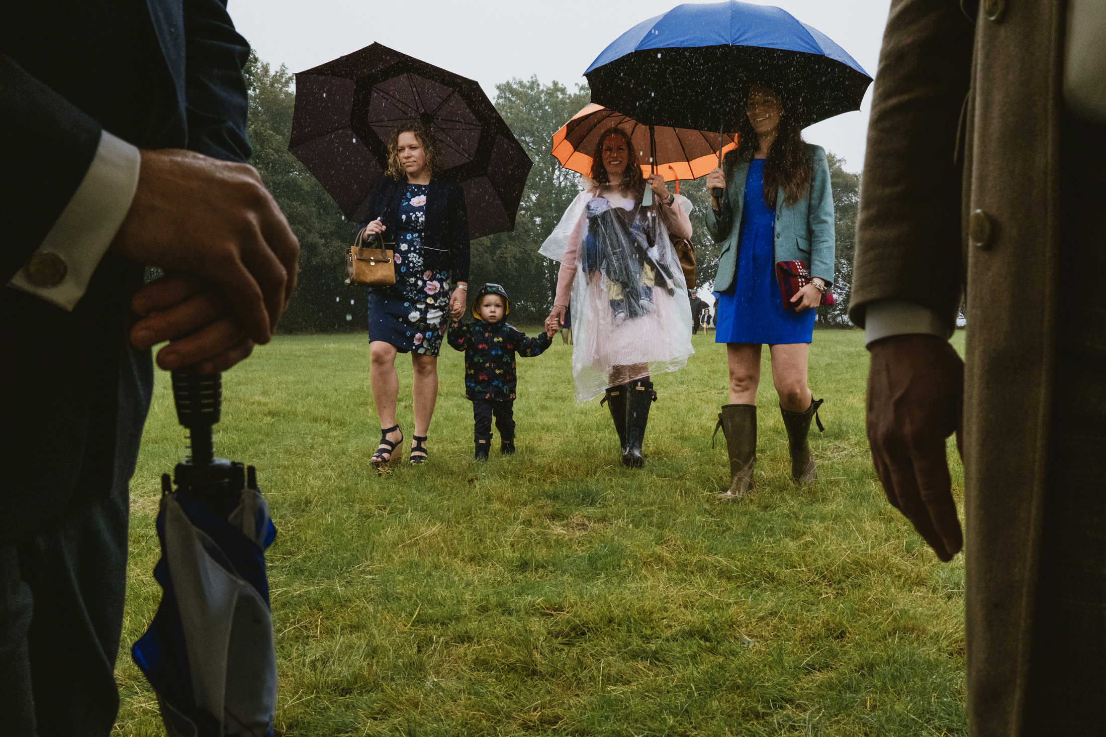 People walking in rain with umbrellas on grass.