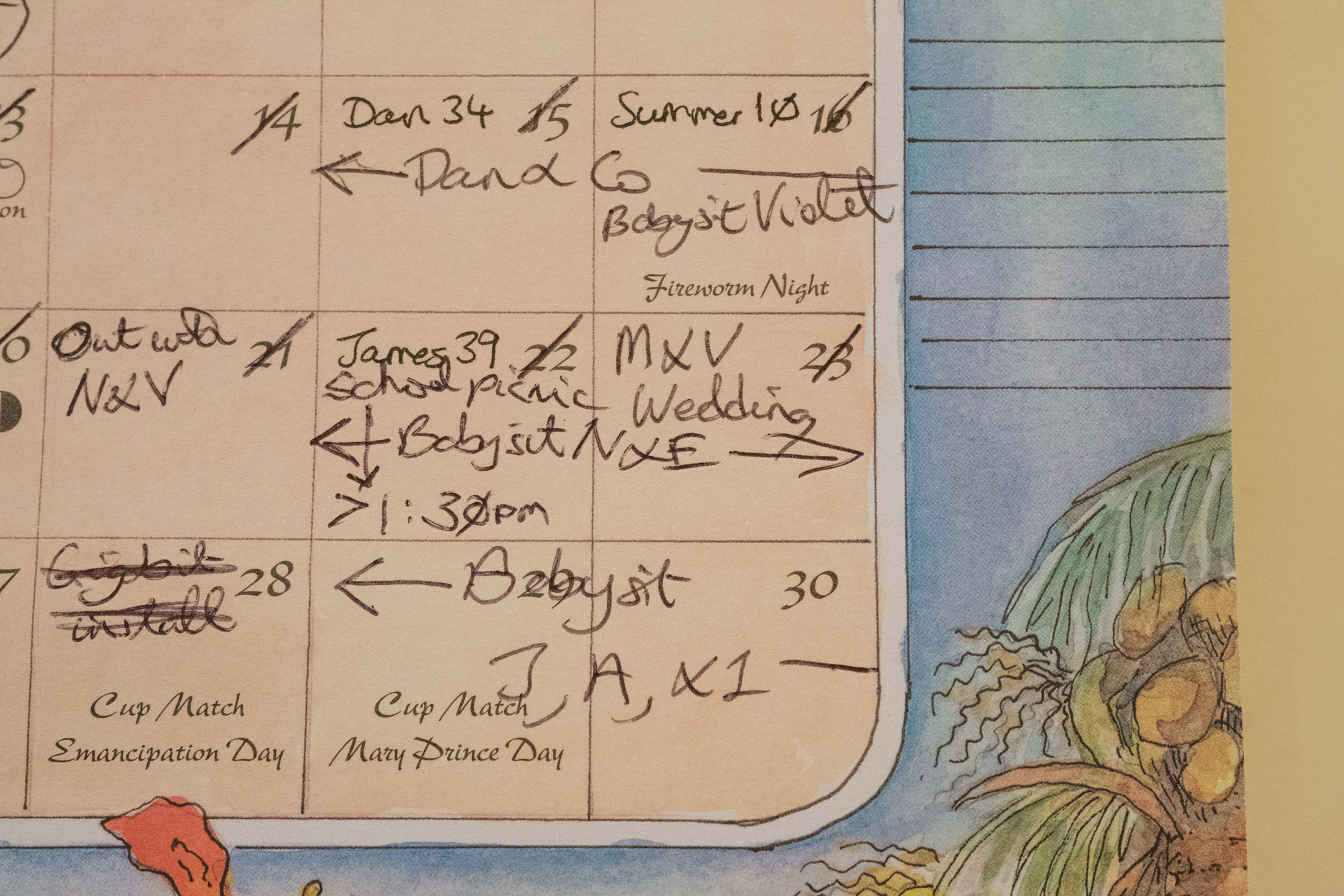 Handwritten notes on a decorative calendar.