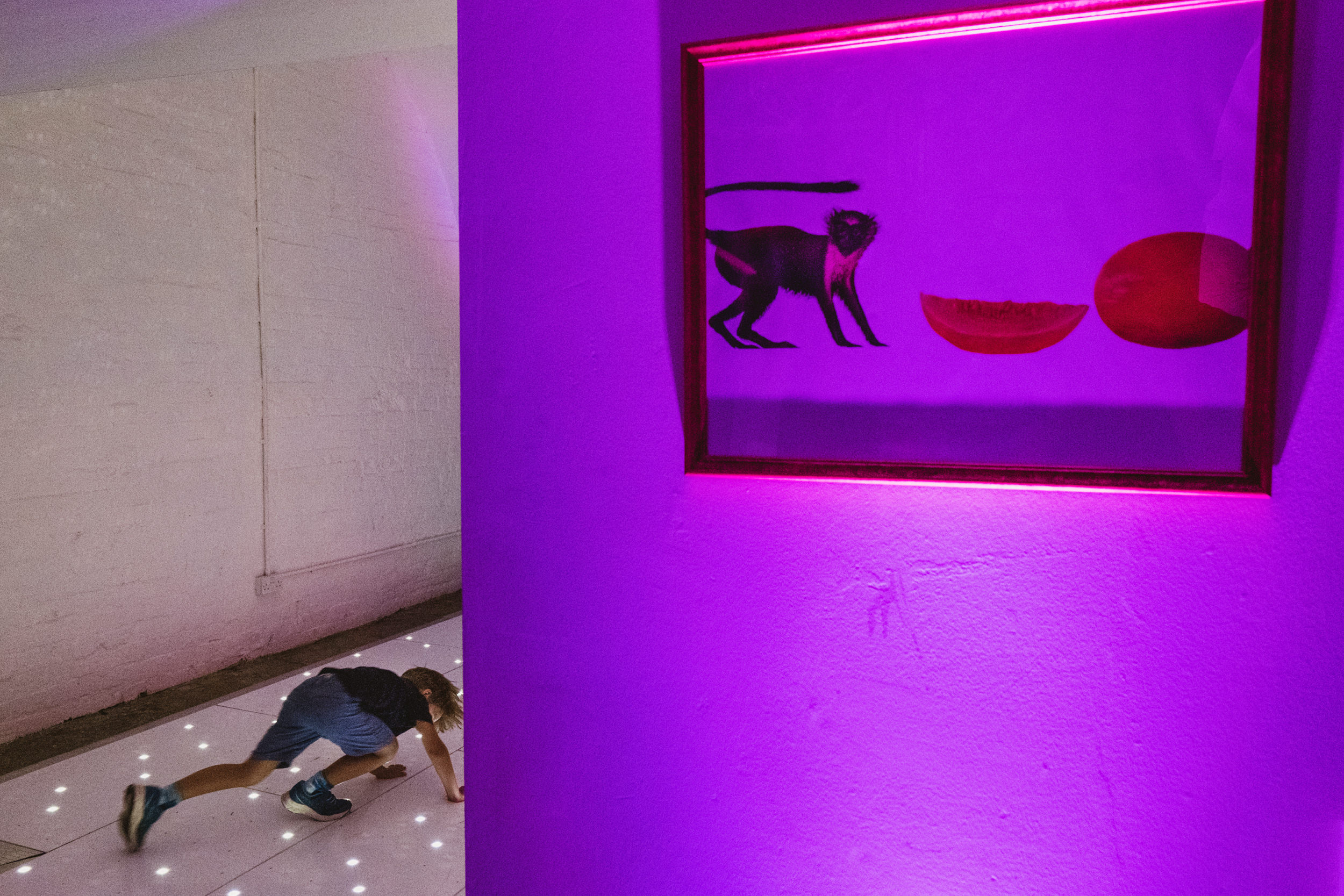 Child playing near framed monkey art under purple light.