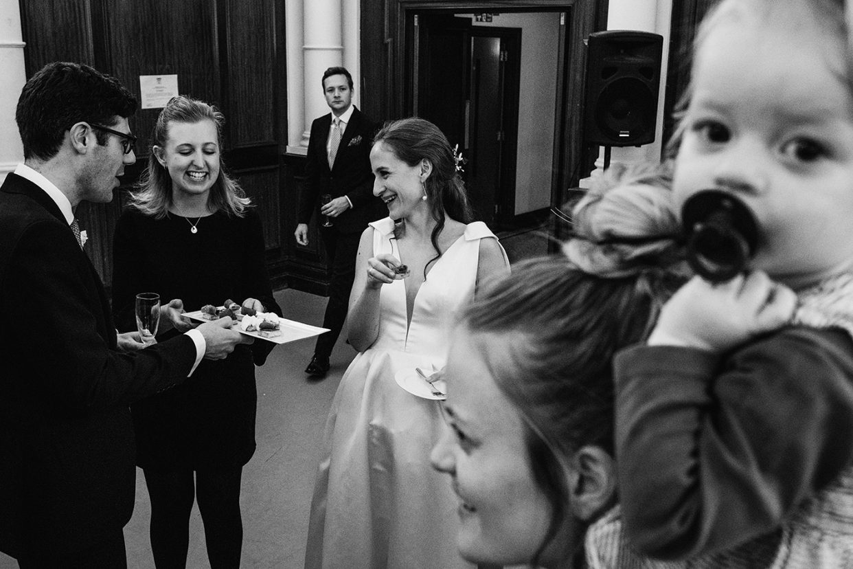 The Old Finsbury Town Hall reception with canapes in black and white
