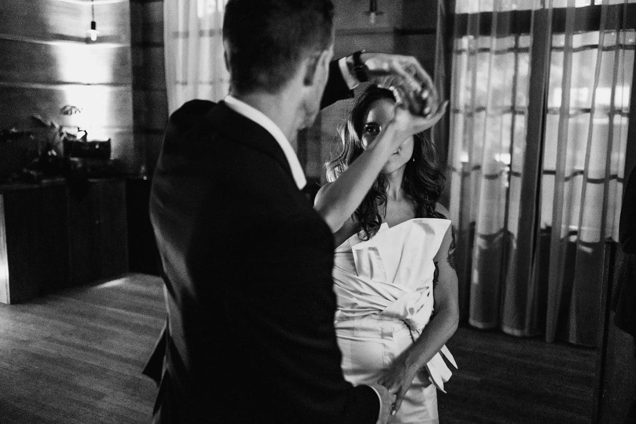 Town Hall Hotel black and white first dance bride and groom twirling