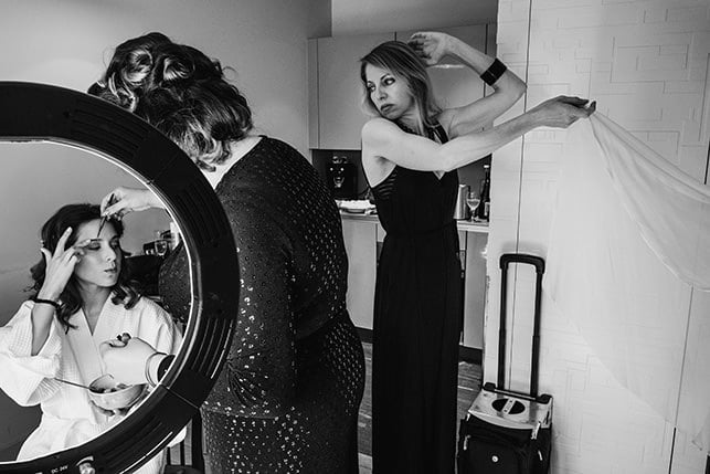 bridal preparations at Town Hall Hotel in black and white