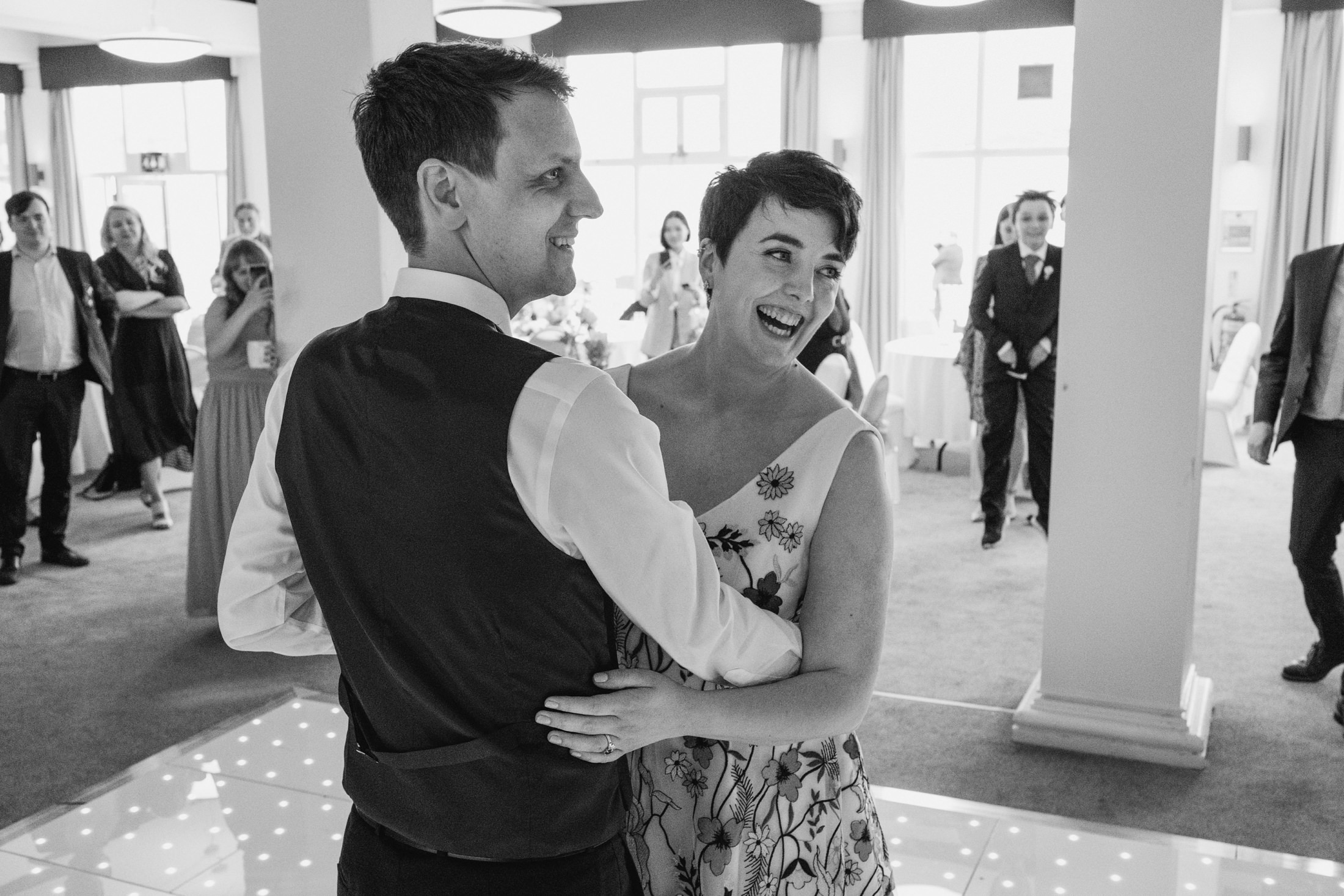 Couple dancing at a wedding reception.